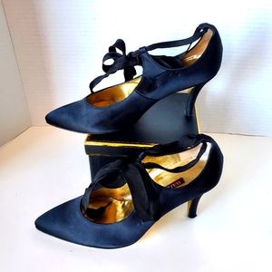 Walter Steiger Black Satin Ribbon Tie Heels Size 6 or 37